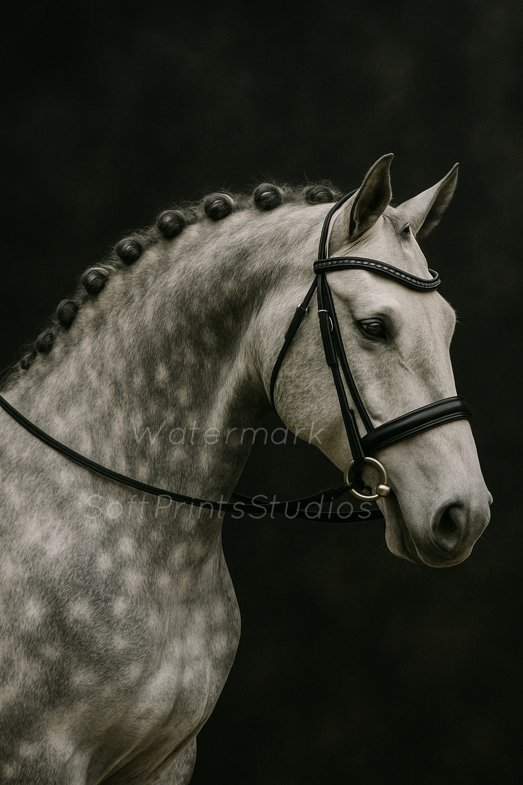 Gray English Bridle Horse Portrait