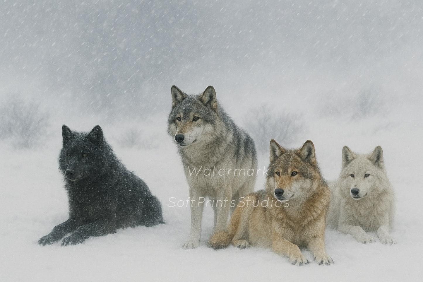 Wolf pack in snow wall art print
