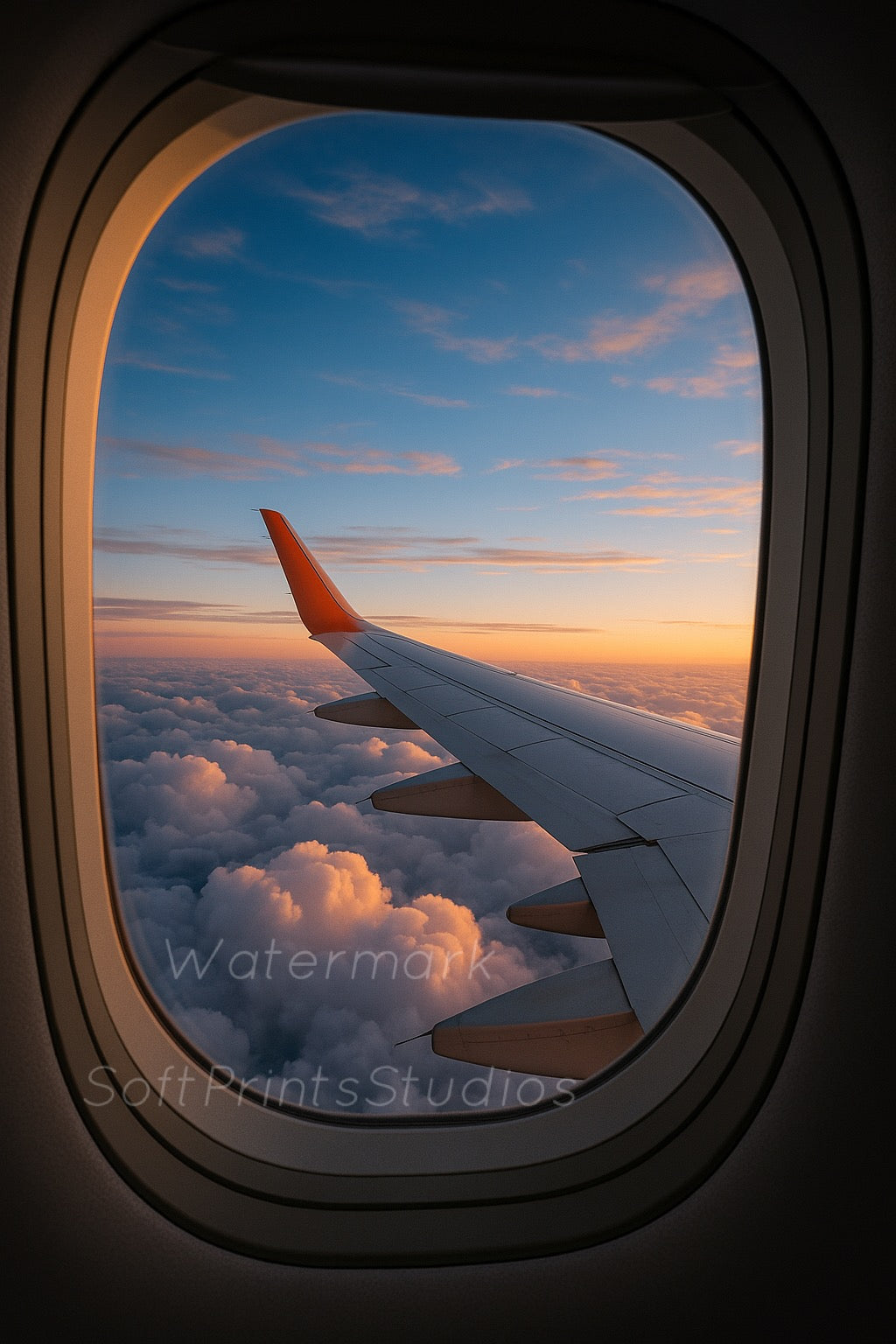 Plane window sunset view print