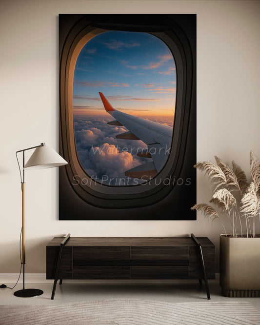 Plane window sunset view print