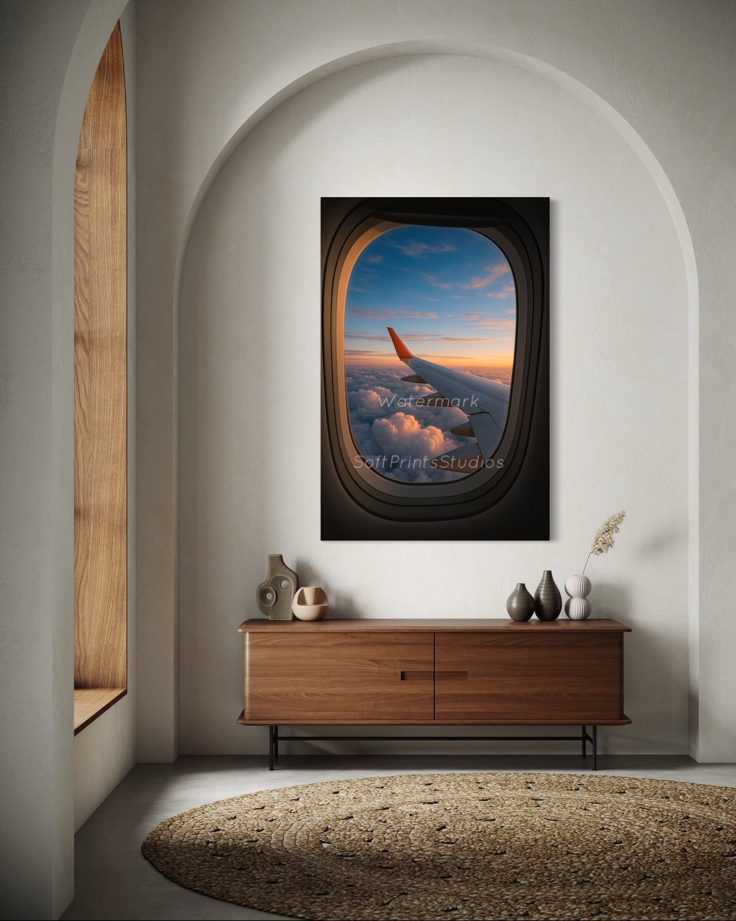 Plane window sunset view print