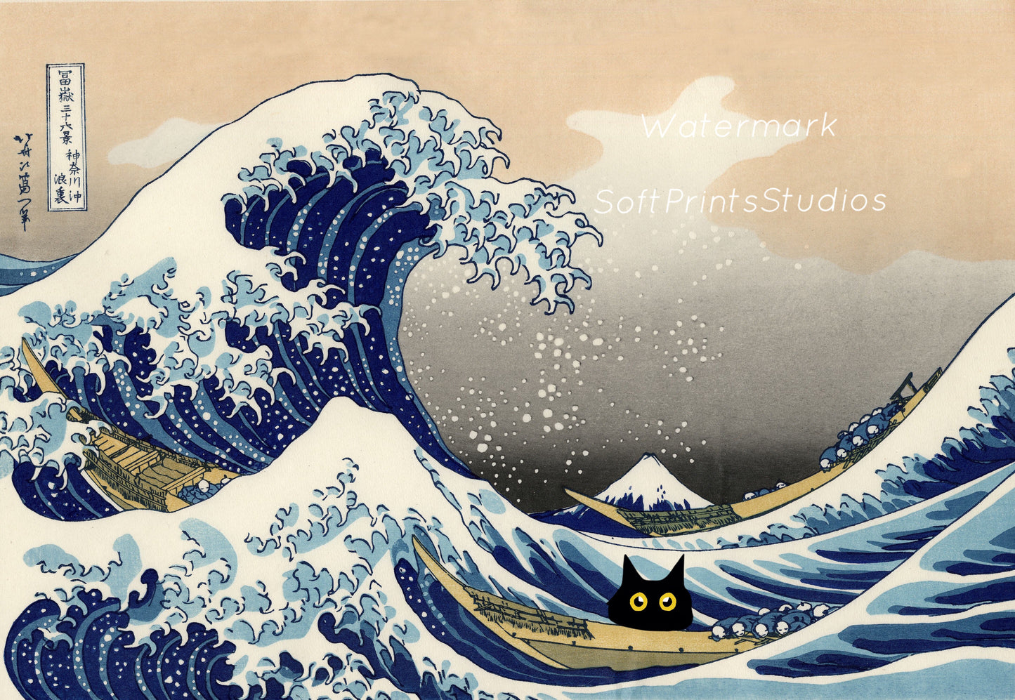 the great wave Black cat print