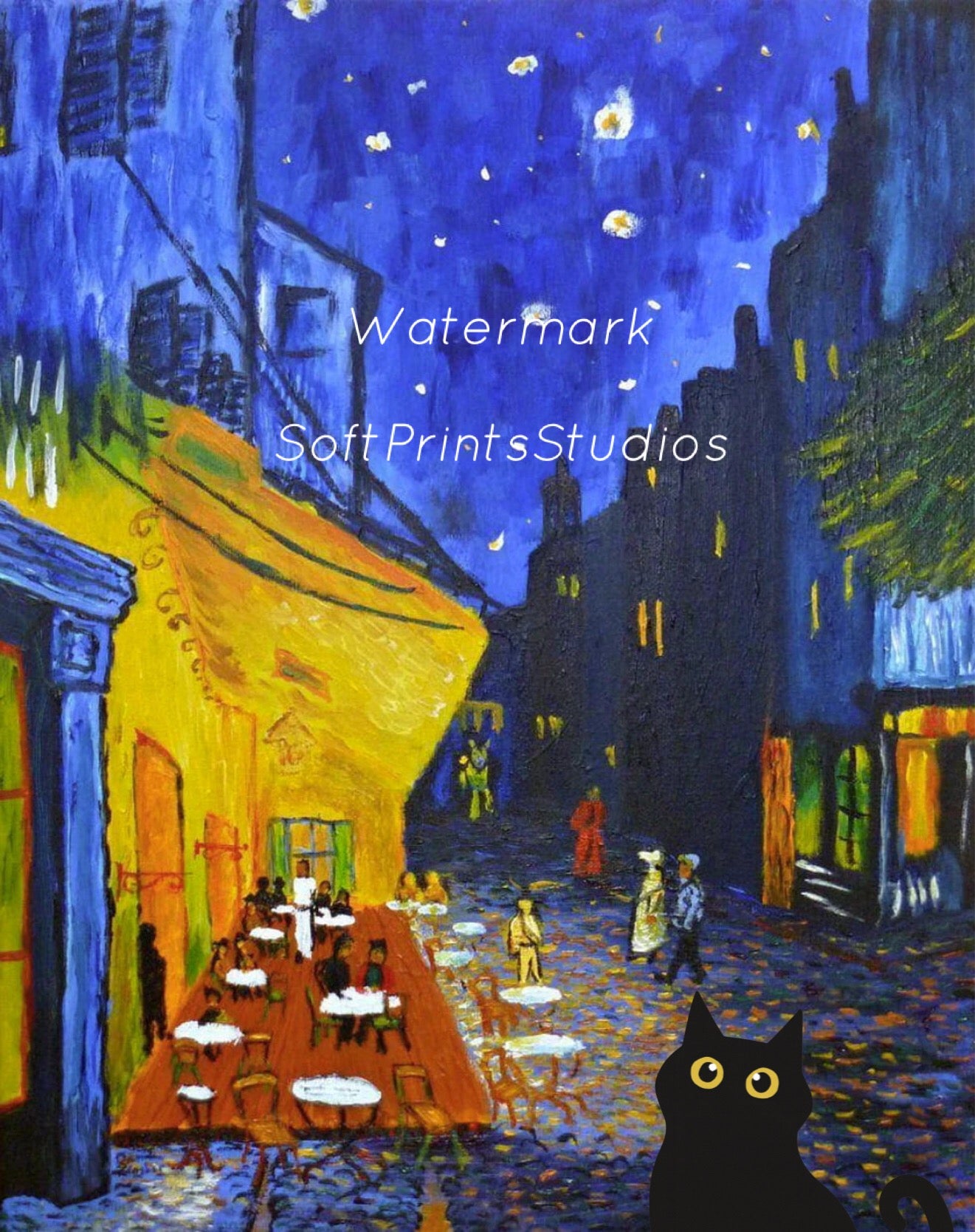 Terrace at Night  black cat print