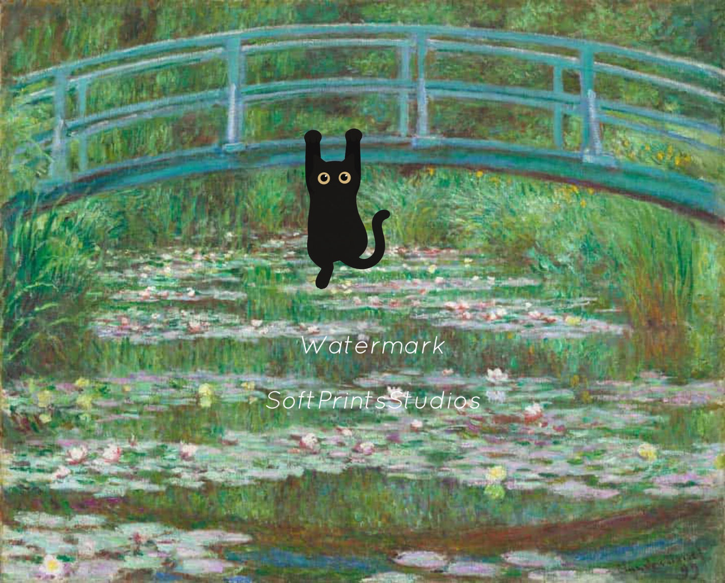 Black cat water lilies print