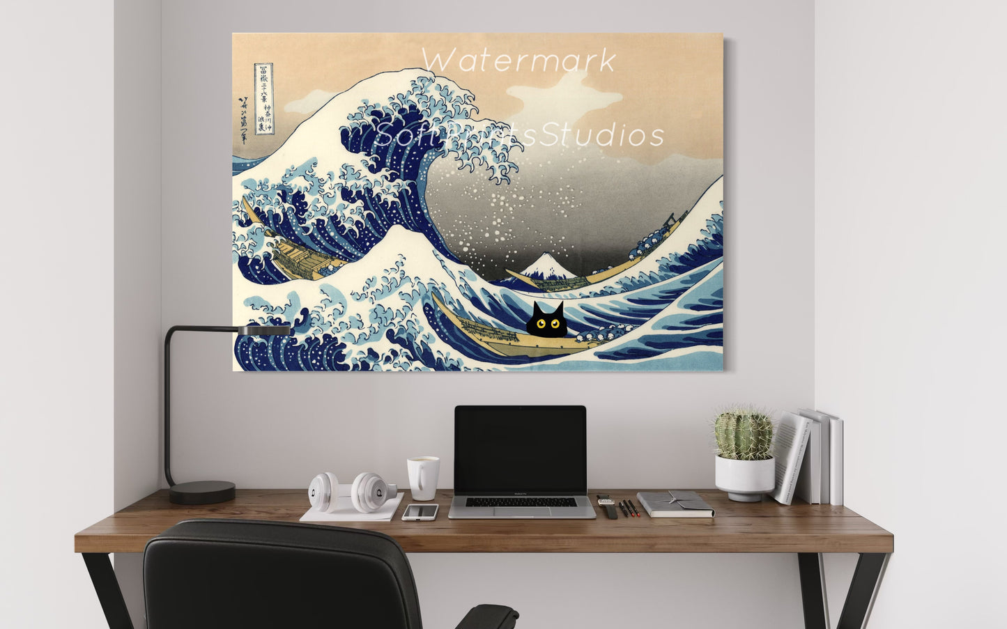 the great wave Black cat print