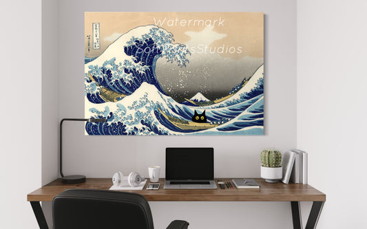 the great wave Black cat print