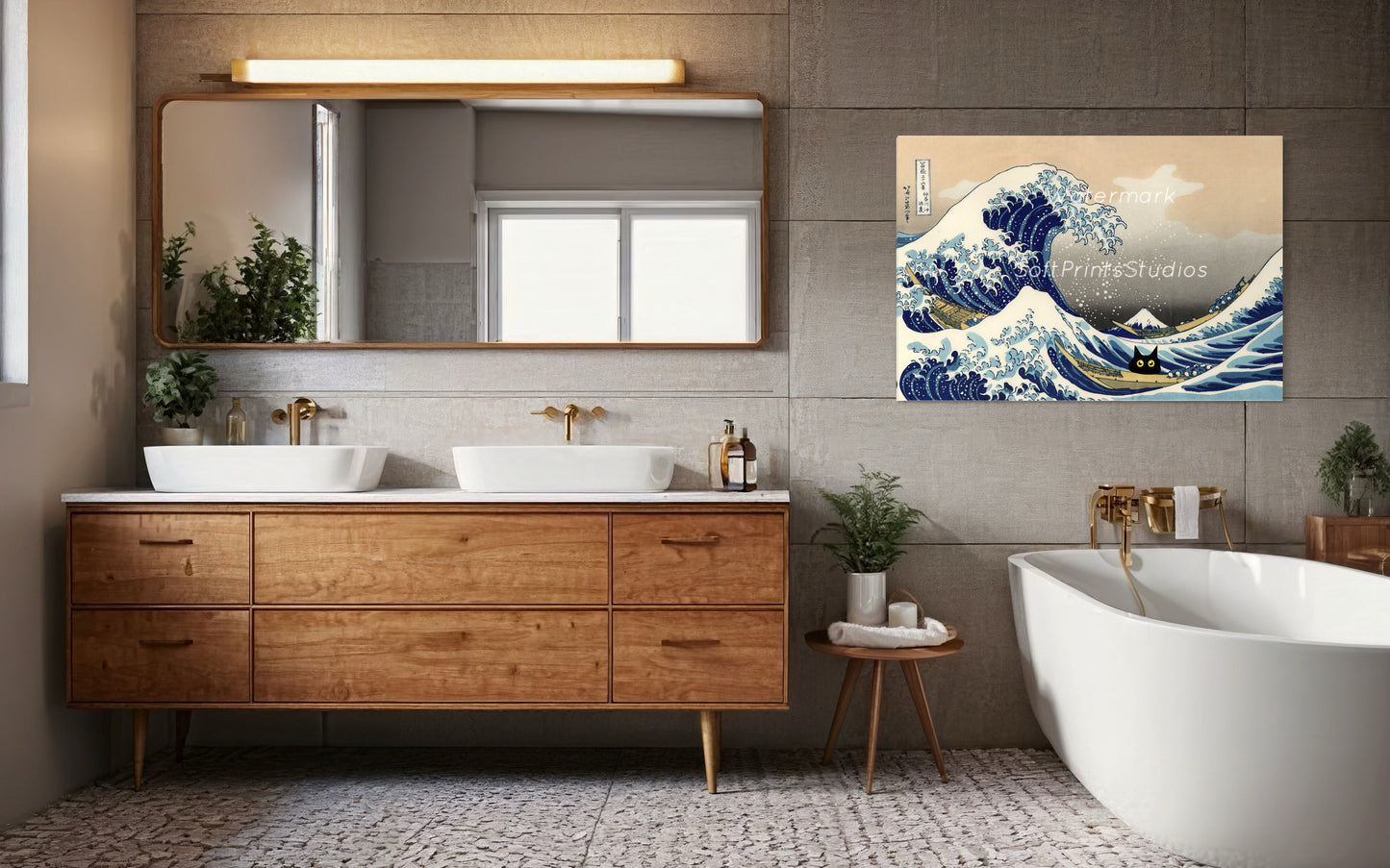 the great wave Black cat print