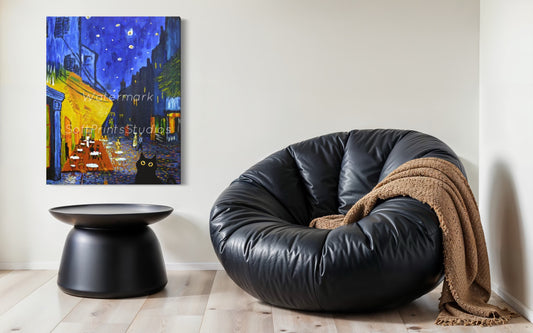 Terrace at Night  black cat print