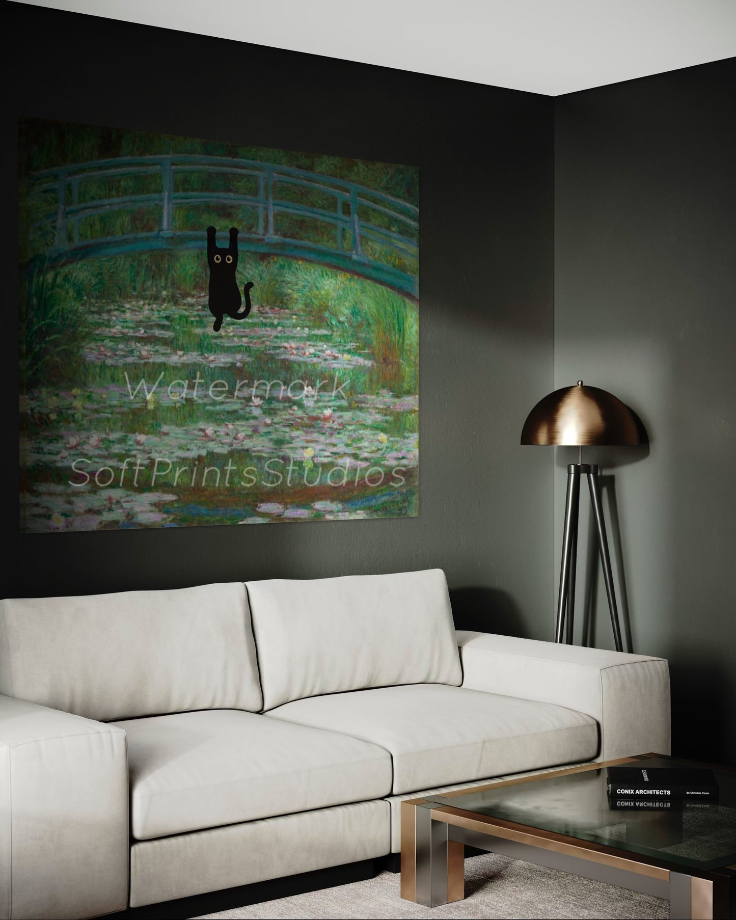 Black cat water lilies print