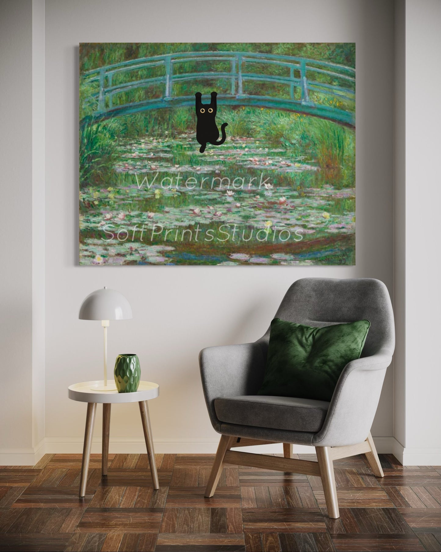 Black cat water lilies print