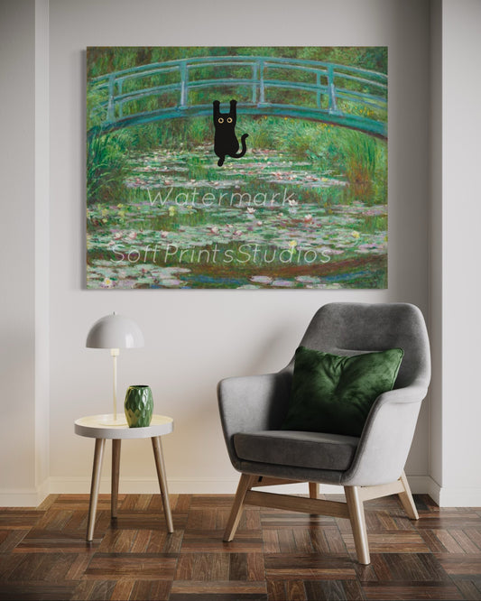 Black cat water lilies print