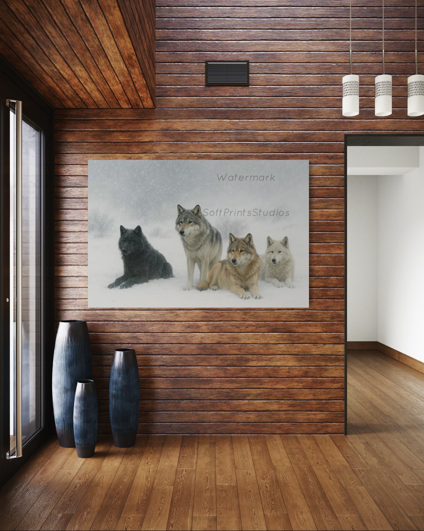 Wolf pack in snow wall art print