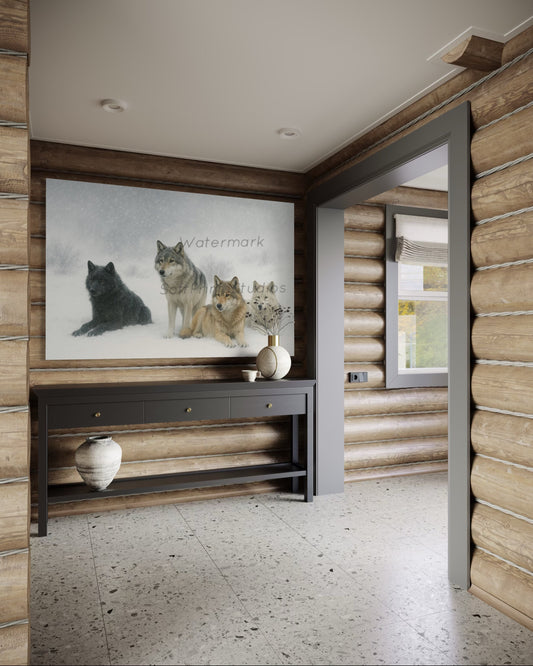 Wolf pack in snow wall art print